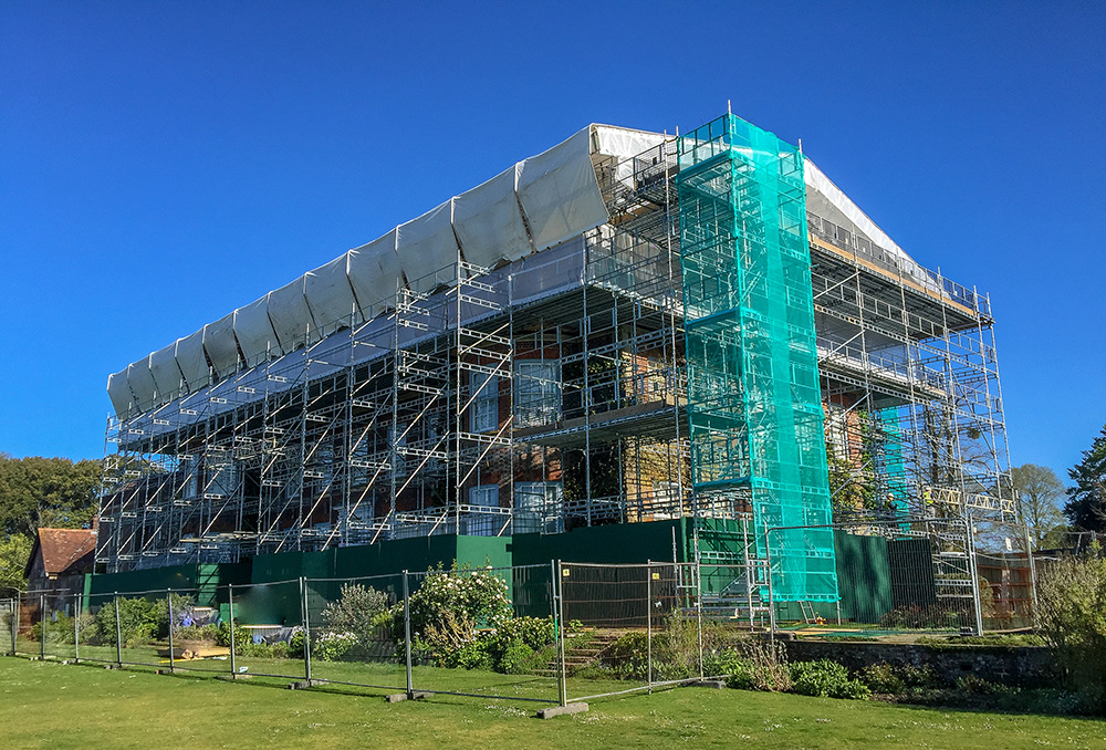 Scaffolding-with-tower-access-over-historic-country-house
